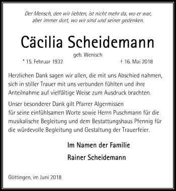 Traueranzeige von Cäcilia Scheidemann von Göttinger Tageblatt