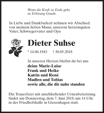 Traueranzeige von Dieter Suhse von Märkischen Allgemeine Zeitung