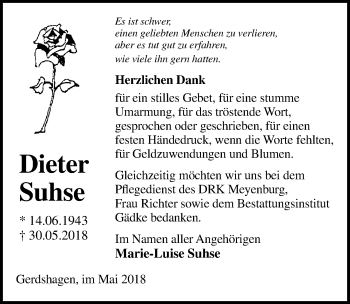 Traueranzeige von Dieter Suhse von Märkischen Allgemeine Zeitung