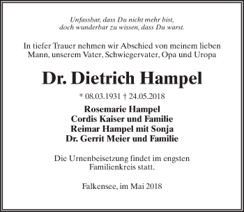 Traueranzeige von Dietrich Hampel von Märkischen Allgemeine Zeitung