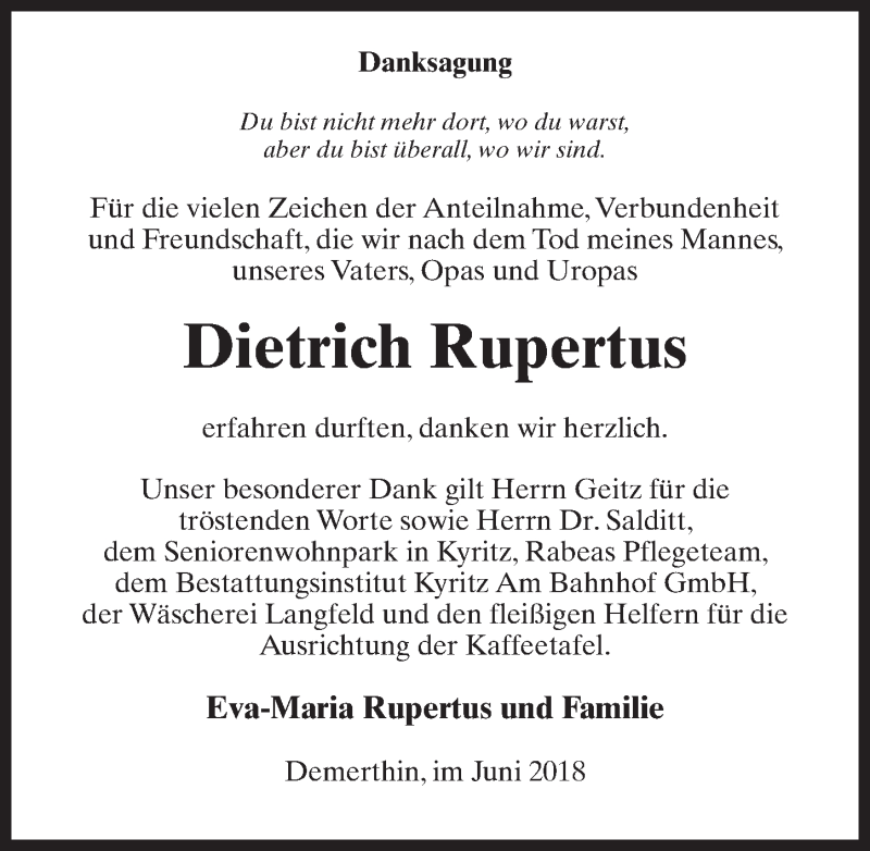  Traueranzeige für Dietrich Rupertus vom 13.06.2018 aus Märkischen Allgemeine Zeitung
