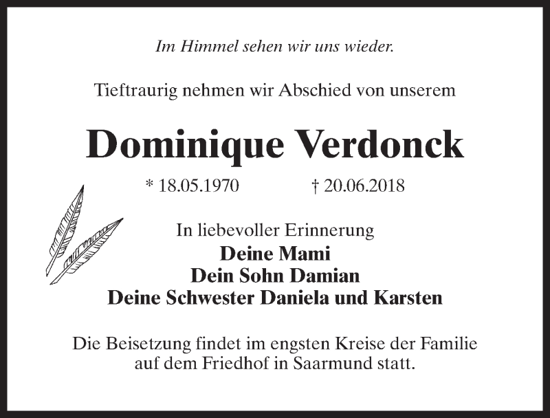  Traueranzeige für Dominique Verdonck vom 23.06.2018 aus Märkischen Allgemeine Zeitung