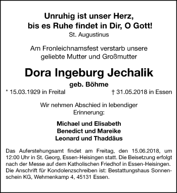 Traueranzeige von Dora Ingeburg Jechalik von Dresdner Neue Nachrichten