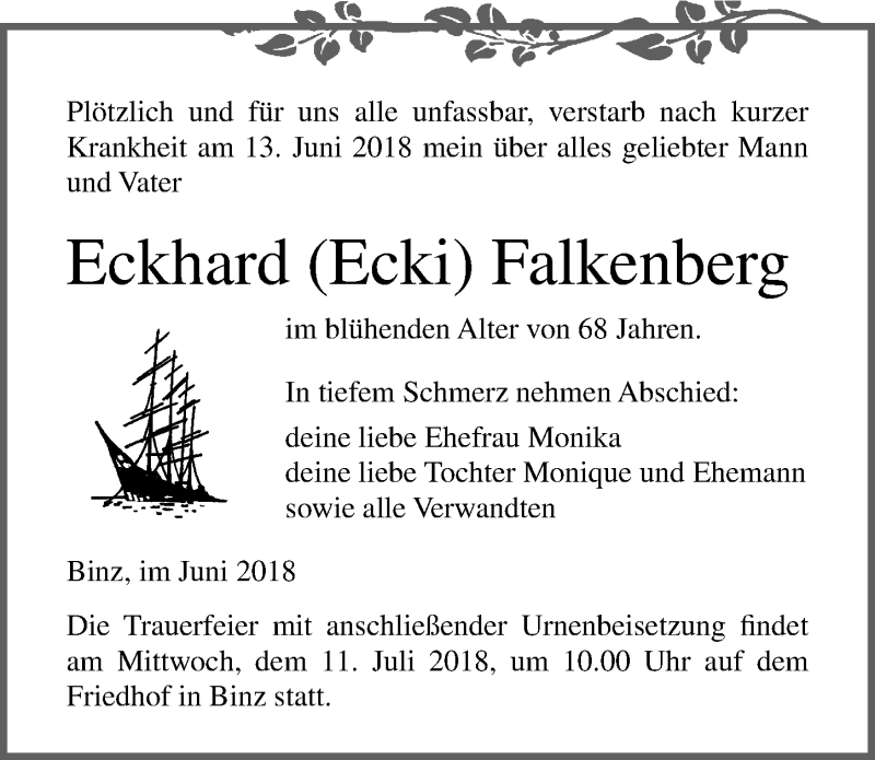  Traueranzeige für Eckhard Falkenberg vom 16.06.2018 aus Ostsee-Zeitung GmbH
