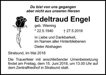 Traueranzeige von Edeltraud Engel von Ostsee-Zeitung GmbH