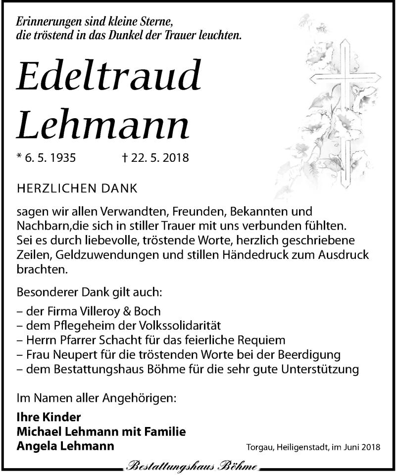  Traueranzeige für Edeltraud Lehmann vom 16.06.2018 aus Torgauer Zeitung
