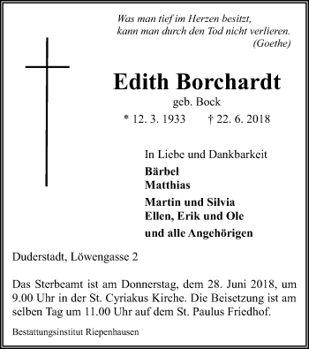 Traueranzeige von Edith Borchardt von Eichsfelder Tageblatt