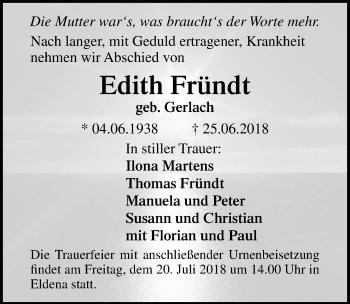 Traueranzeige von Edith Fründt von Ostsee-Zeitung GmbH