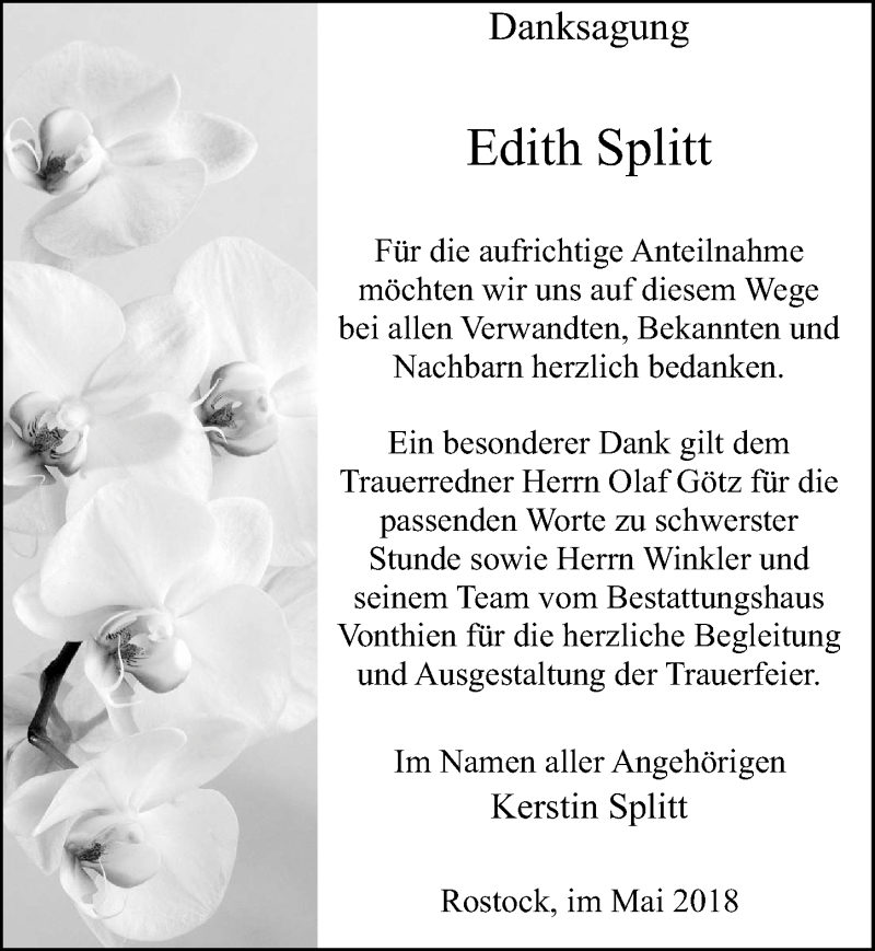  Traueranzeige für Edith Splitt vom 30.06.2018 aus Ostsee-Zeitung GmbH