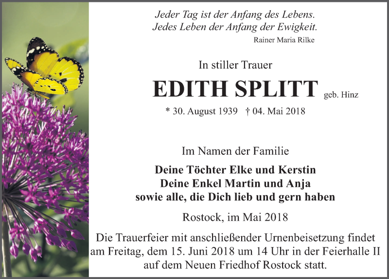  Traueranzeige für Edith Splitt vom 02.06.2018 aus Ostsee-Zeitung GmbH