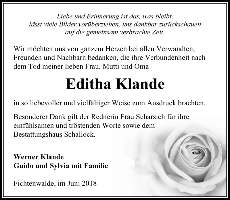  Traueranzeige für Editha Klande vom 23.06.2018 aus Märkischen Allgemeine Zeitung