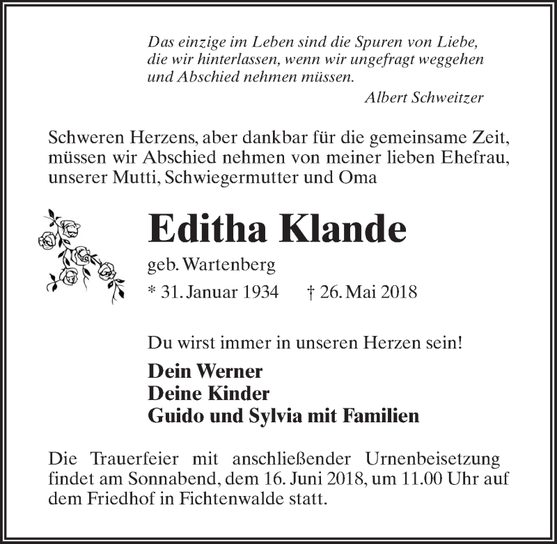  Traueranzeige für Editha Klande vom 02.06.2018 aus Märkischen Allgemeine Zeitung