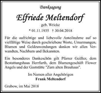 Traueranzeige von Elfriede Meltendorf von Märkischen Allgemeine Zeitung