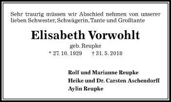 Traueranzeige von Elisabeth Vorwohlt von Peiner Allgemeine Zeitung