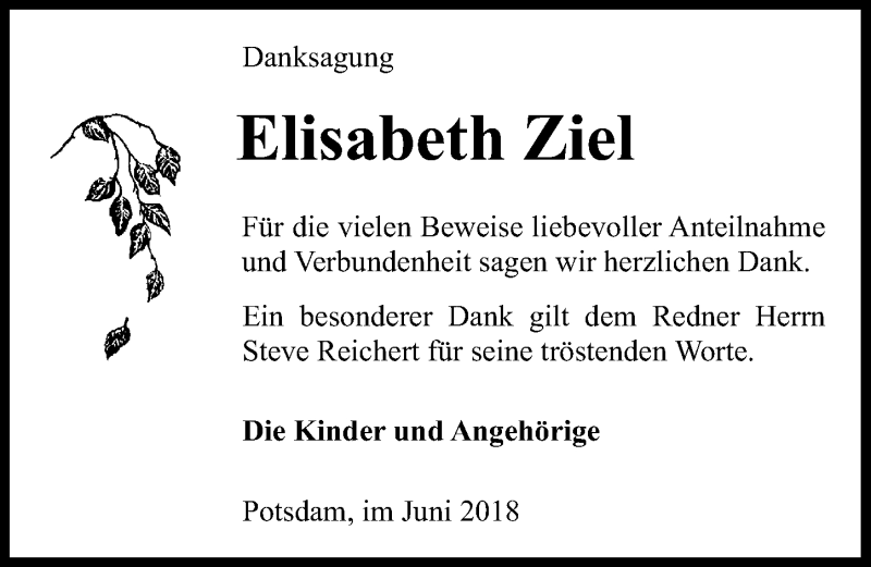  Traueranzeige für Elisabeth Ziel vom 23.06.2018 aus Märkischen Allgemeine Zeitung