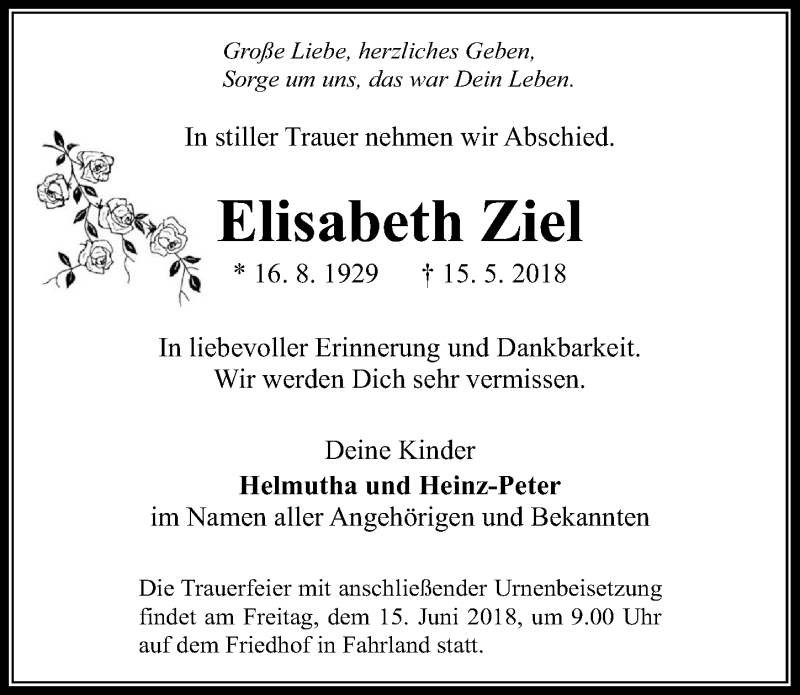  Traueranzeige für Elisabeth Ziel vom 02.06.2018 aus Märkischen Allgemeine Zeitung