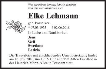 Traueranzeige von Elke Lehmann von Märkischen Allgemeine Zeitung