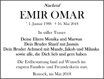 Traueranzeige von Emir Omar von Ostsee-Zeitung GmbH