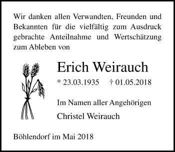 Traueranzeige von Erich Weirauch von Ostsee-Zeitung GmbH