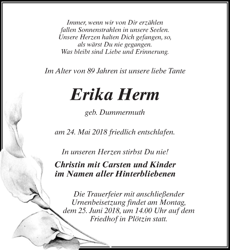  Traueranzeige für Erika Herm vom 02.06.2018 aus Märkischen Allgemeine Zeitung