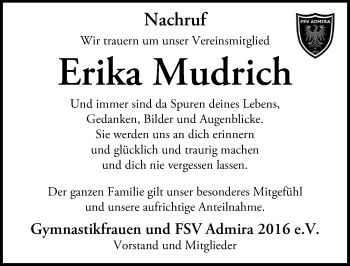 Traueranzeige von Erika Mudrich von Märkischen Allgemeine Zeitung
