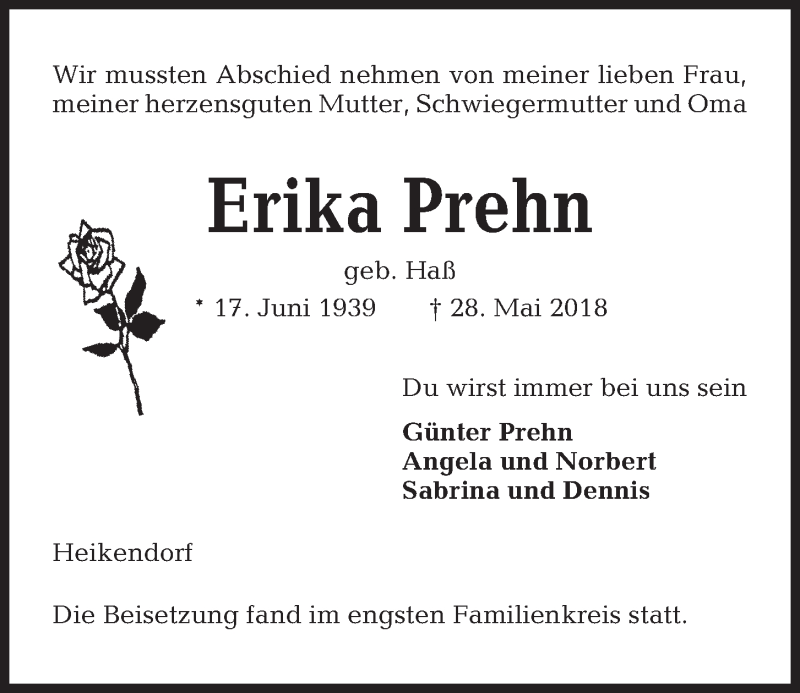  Traueranzeige für Erika Prehn vom 16.06.2018 aus Kieler Nachrichten