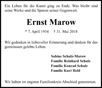 Traueranzeige von Ernst Marow von Hannoversche Allgemeine Zeitung/Neue Presse