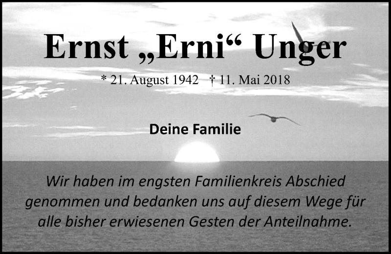  Traueranzeige für Ernst  Unger vom 02.06.2018 aus Kieler Nachrichten