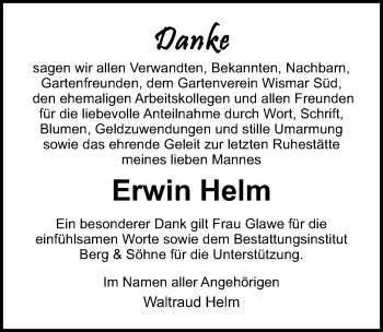 Traueranzeige von Erwin Helm von Ostsee-Zeitung GmbH