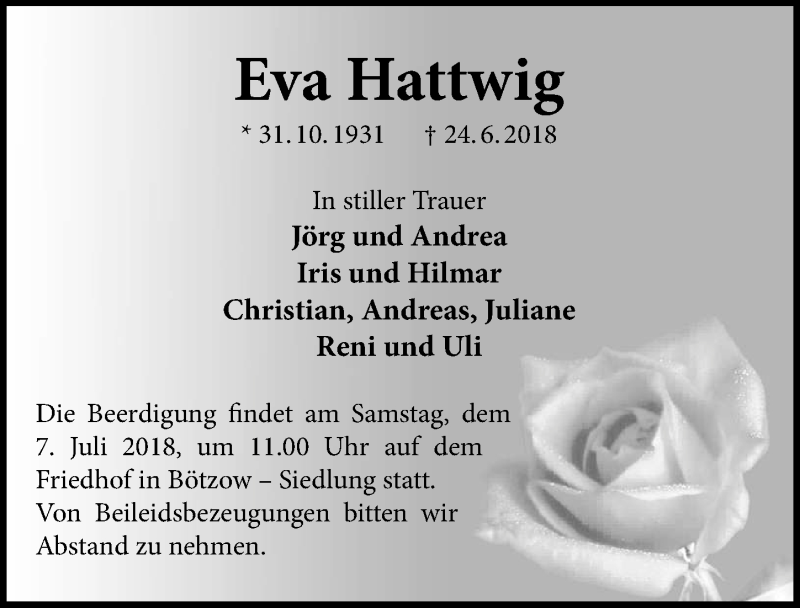  Traueranzeige für Eva Hattwig vom 30.06.2018 aus Märkischen Allgemeine Zeitung