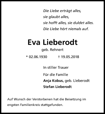 Traueranzeige von Eva Lieberodt von Hannoversche Allgemeine Zeitung/Neue Presse