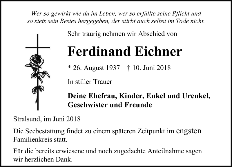  Traueranzeige für Ferdinand Eichner vom 23.06.2018 aus Ostsee-Zeitung GmbH