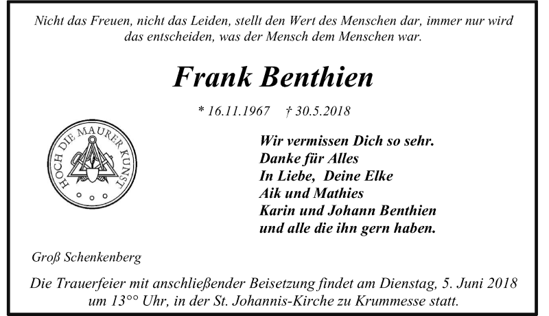  Traueranzeige für Frank Benthien vom 03.06.2018 aus Lübecker Nachrichten
