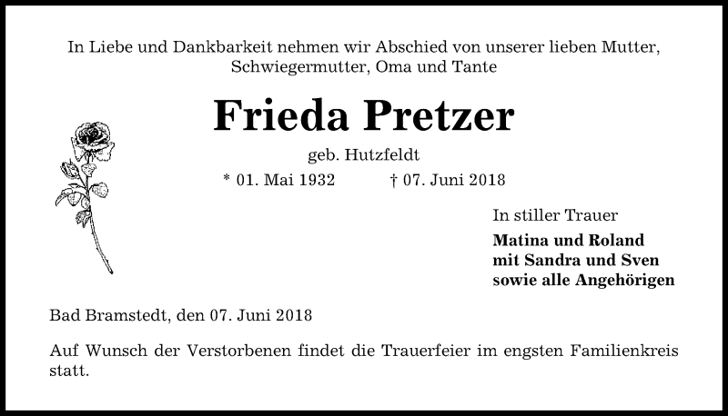  Traueranzeige für Frieda Pretzer vom 20.06.2018 aus Kieler Nachrichten