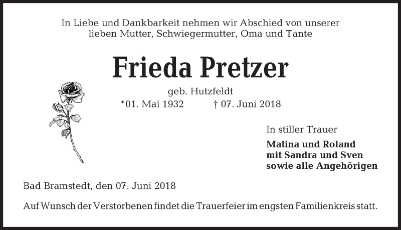  Traueranzeige für Frieda Pretzer vom 16.06.2018 aus Kieler Nachrichten