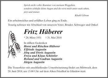 Traueranzeige von Fritz Häberer von Märkischen Allgemeine Zeitung