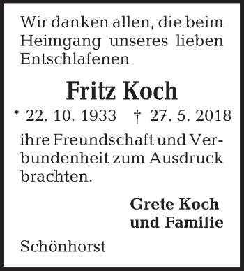 Traueranzeige von Fritz Koch von Kieler Nachrichten