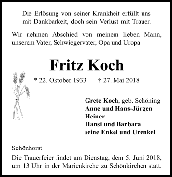 Traueranzeige von Fritz Koch von Kieler Nachrichten