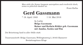 Traueranzeige von Gerd Gassmann von Hannoversche Allgemeine Zeitung/Neue Presse