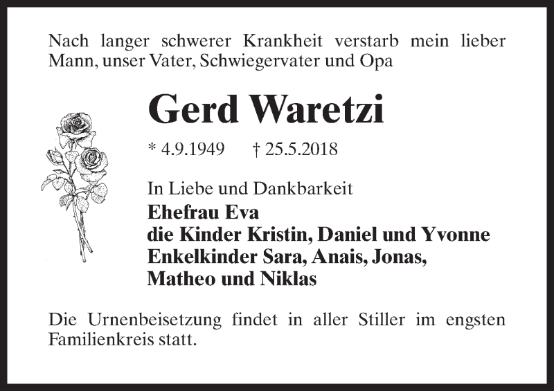  Traueranzeige für Gerd Waretzi vom 02.06.2018 aus Märkischen Allgemeine Zeitung