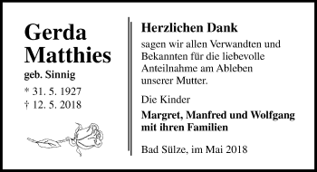 Traueranzeige von Gerda Matthies von Ostsee-Zeitung GmbH