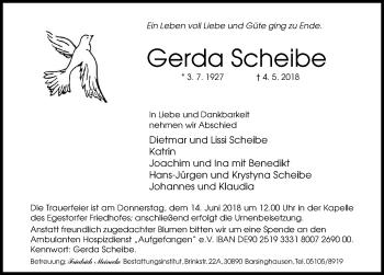 Traueranzeige von Gerda Scheibe von Hannoversche Allgemeine Zeitung/Neue Presse