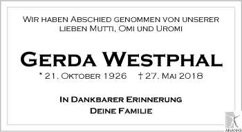 Traueranzeige von Gerda Westphal von Leipziger Volkszeitung