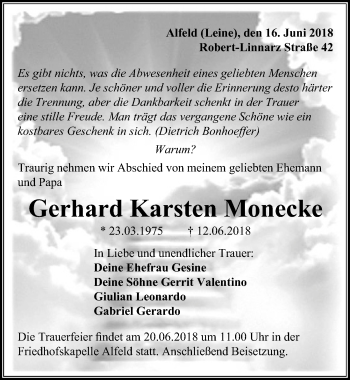 Traueranzeige von Gerhard Karsten Monecke von Eichsfelder Tageblatt