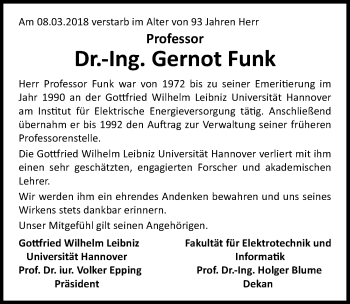 Traueranzeige von Gernot Funk von Hannoversche Allgemeine Zeitung/Neue Presse