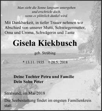 Traueranzeige von Gisela Kiekbusch von Ostsee-Zeitung GmbH