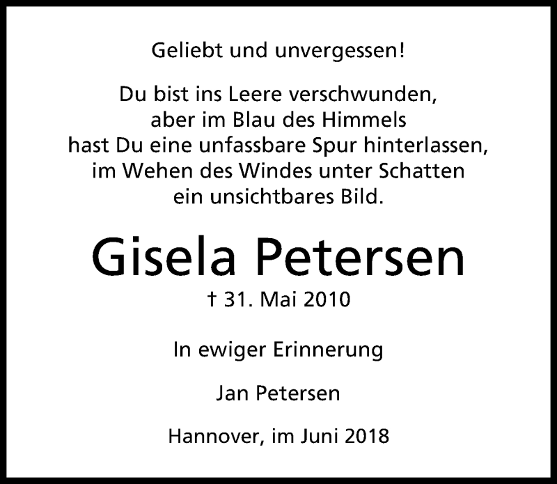  Traueranzeige für Gisela Petersen vom 02.06.2018 aus Hannoversche Allgemeine Zeitung/Neue Presse