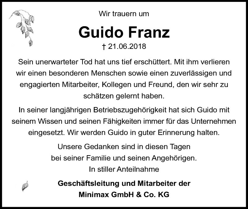  Traueranzeige für Guido Franz vom 30.06.2018 aus Lübecker Nachrichten