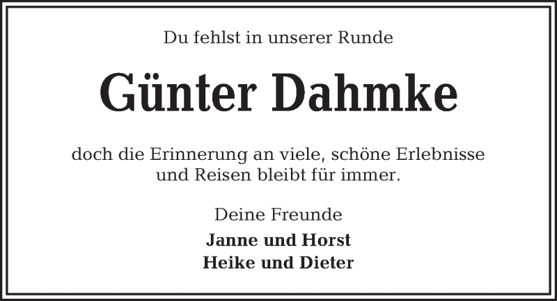  Traueranzeige für Günter Dahmke vom 30.06.2018 aus Kieler Nachrichten