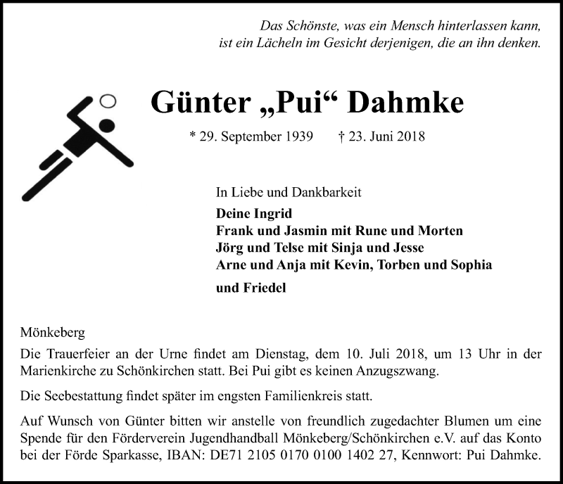  Traueranzeige für Günter Dahmke vom 30.06.2018 aus Kieler Nachrichten
